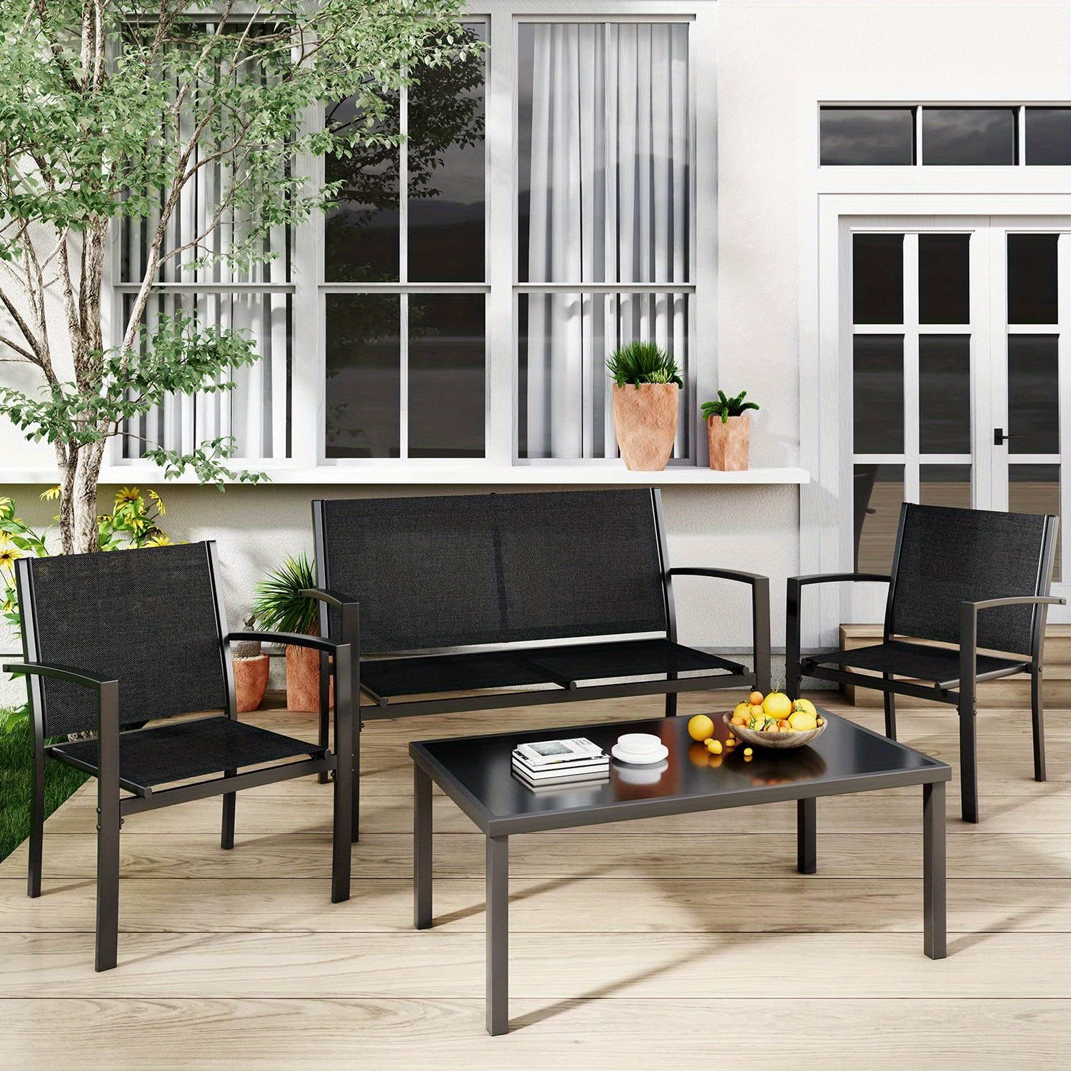 

Patio 4 Pieces Patio Furniture Set, Outdoor Conversation Sets For Lawn, Garden, Poolside With A Glass Coffee Table