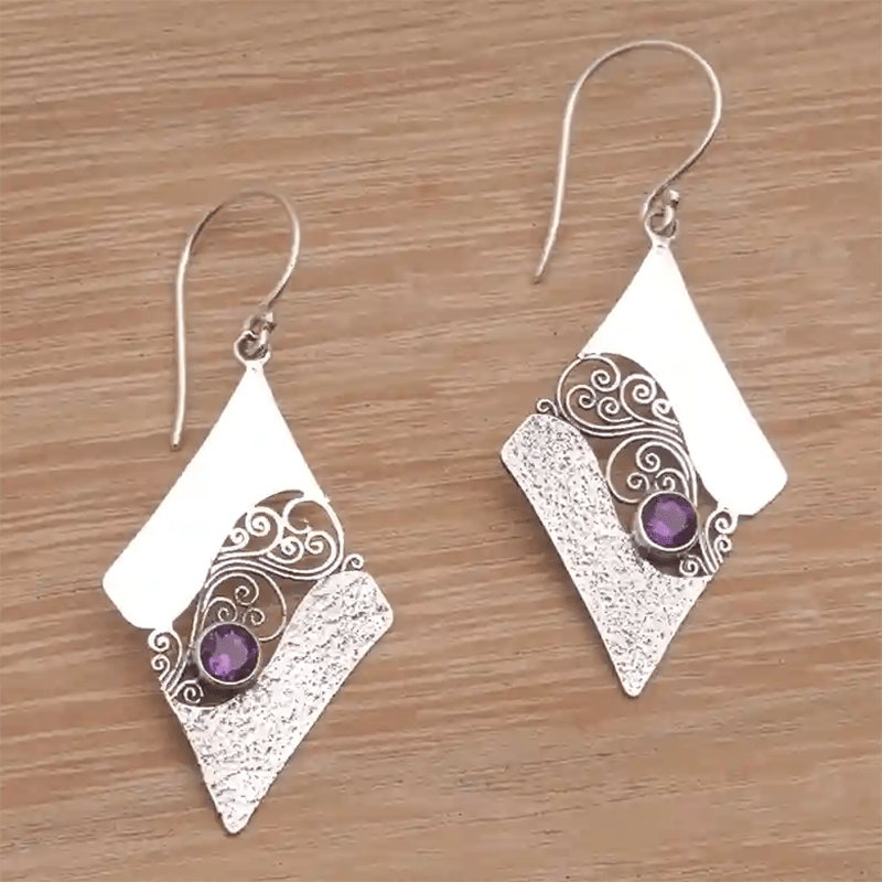 

A Pair Of Square Unique Design Patterns, Carved Decorations, Pendant Purple Gemstone Earrings, Sexy Bohemian Elegant Style, Versatile Earrings, Perfect For Anniversaries And Birthday Parties