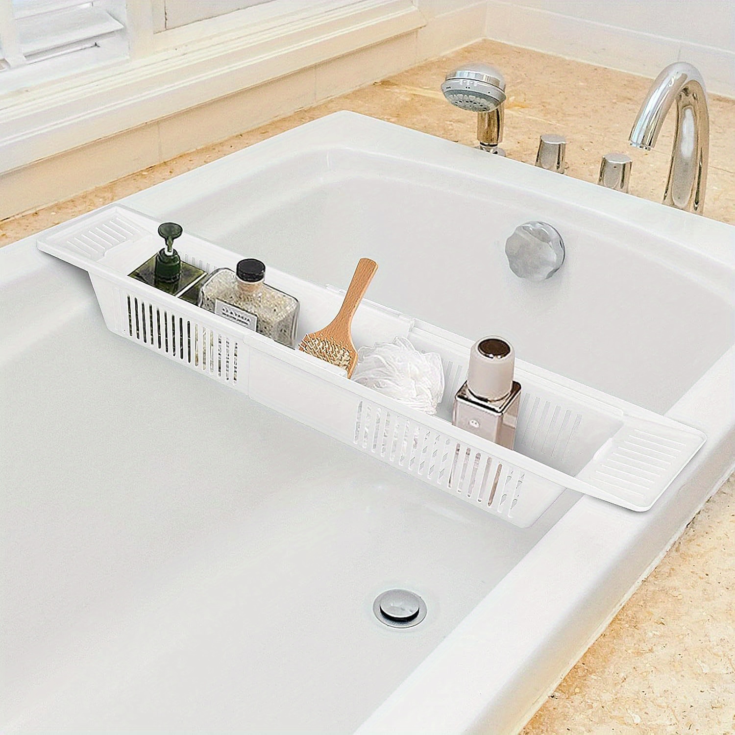 TEMU Plastic Bathtub Caddy Tray 57-86cm Adjustable Length Bath Bridge Rack Extendable Side Bathroom Storage For Bath Toys Dish Drainer Shampoo Soap