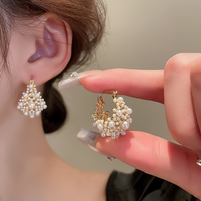 

1 Pair French Elegant Luxury Style Hoop Earrings Hollow Faux Pearl Flower Basket Shaped Earrings Jewelry Gift Banquet Wearing