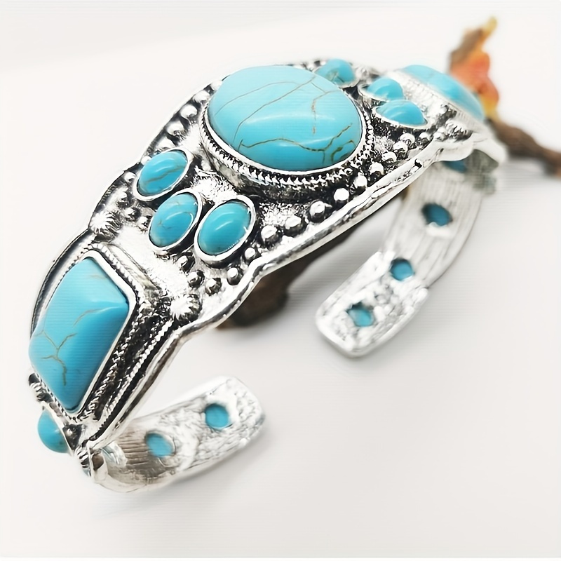 TEMU Retro Bohemian Natural Turquoise Cuff Bracelet Ethnic Style Vacation Casual Travel Accessories For Women Boho Exquisite Accessories