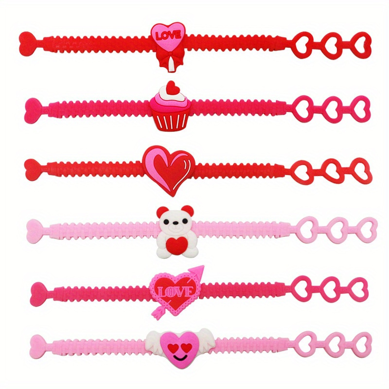 

20pcs Adjustable Heart & Bear Charms Bracelets - Cute Pvc Wristbands For Valentine's Day, Party Favors & Gifts, 7.6x0.6 Inches