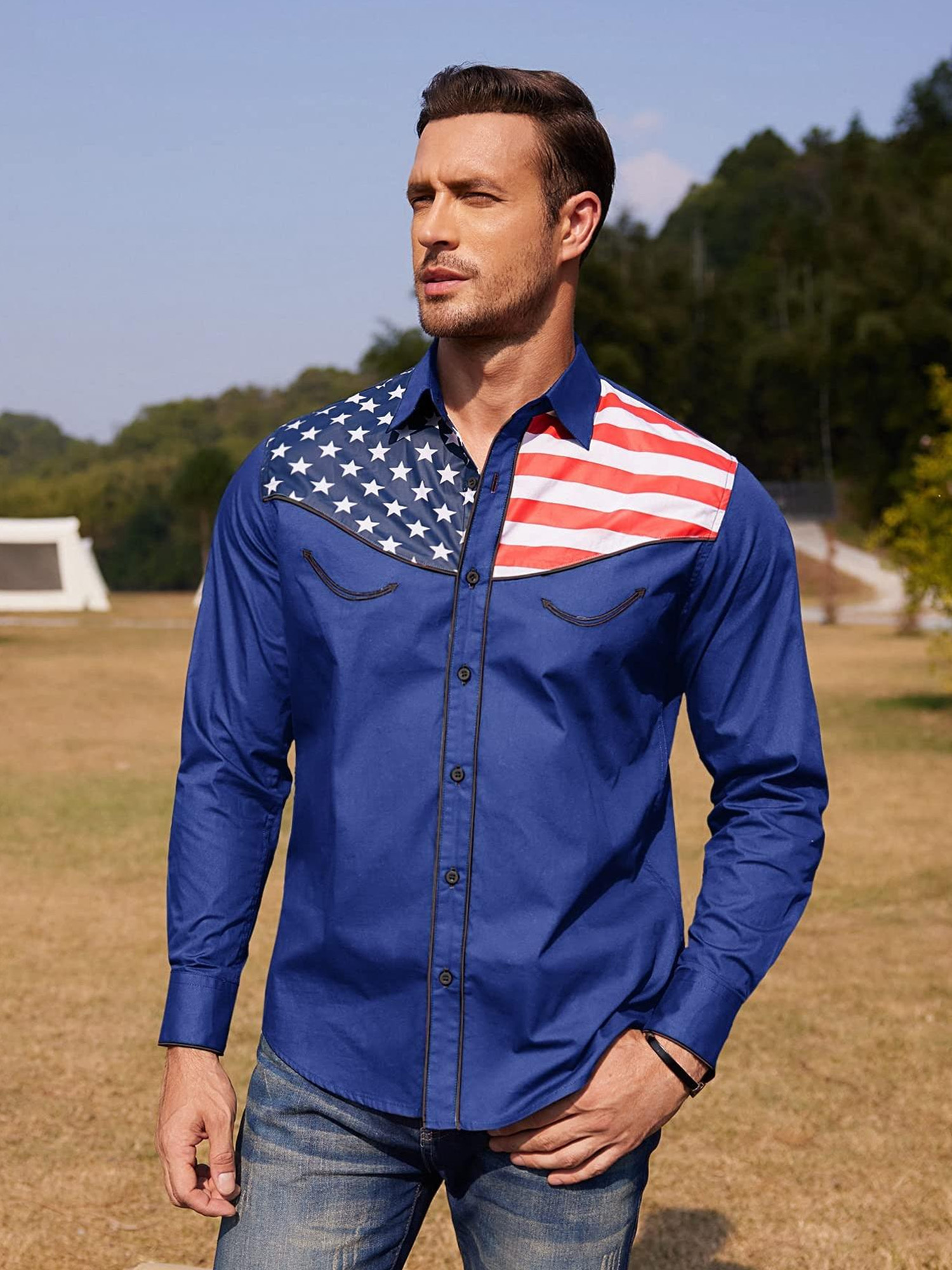 mens casual shirt american flag button shirts fit long - Temu