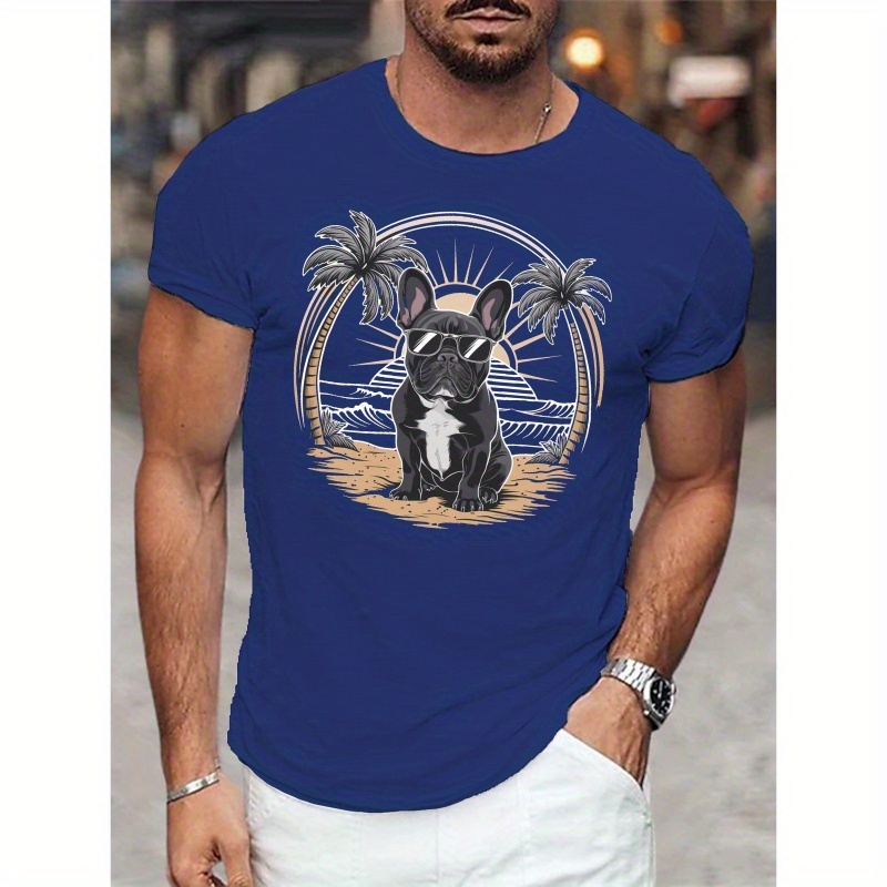 

French Bulldog With Sunglasses Graphic Print Men's Crew Neck Short Sleeve T-shirt, Fashionable Tees, Casual Comfortable Versatile Top For Summer