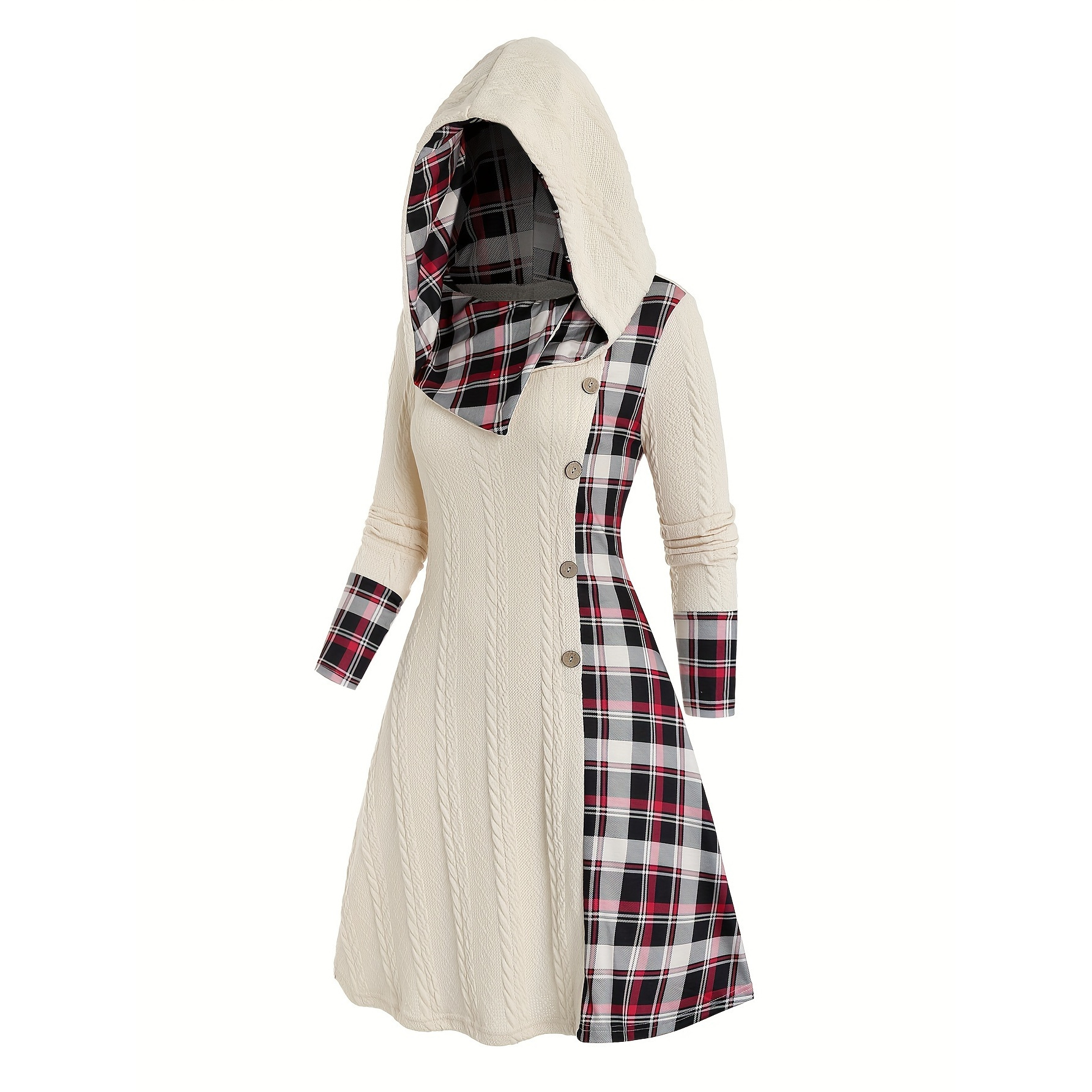 

Plus Size Plaid Pattern Hooded Dress, Casual Button Decor Long Sleeve Dress, Women's Plus Size Clothing