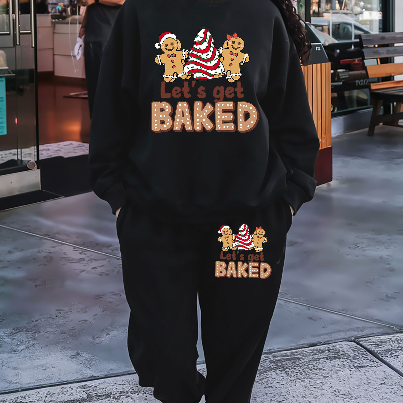 

Gingerbread Man Print 2 Piece Set, Crew Neck Sweatshirt & Pants, Women's Clothing