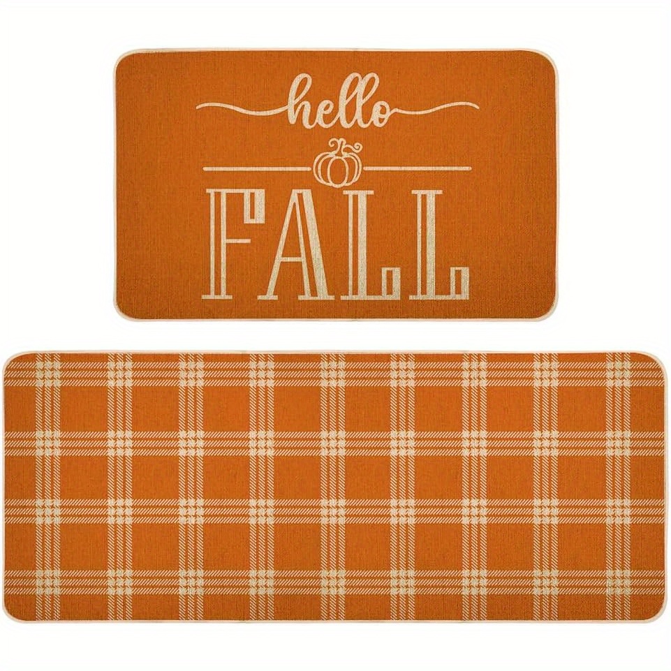 

Hello Fall Decoration Kitchen Mats For Floor 2 Piece Sets, Autumn Pumpkin Style Kitchen Rugs Non-slip Washable Door Mat 17x29 And 17x47 Inch