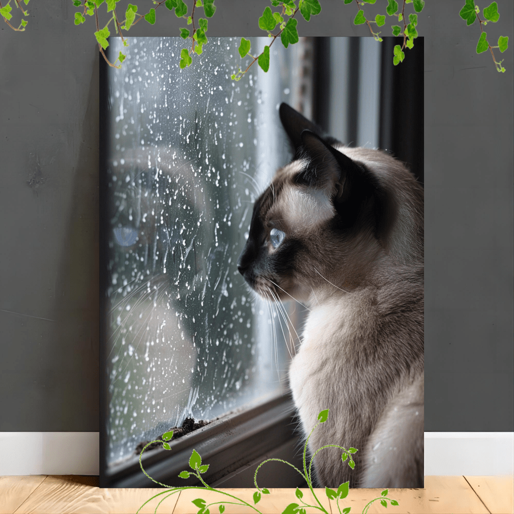 

1pc Wooden Framed Canvas Painting Artwork Very Suitable For Office Corridor Home Living Room Decoration Siamese Cat With Blue Eyes Looking Out A Window