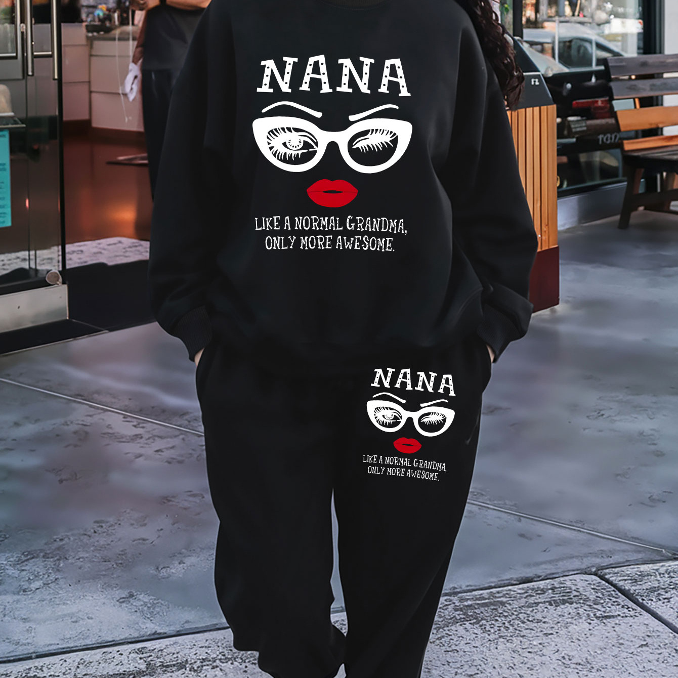 

Nana Print 2 Piece Set, Crew Neck Sweatshirt & Pants, Women's Clothing