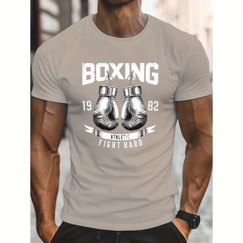 

Men's Boxing Gloves T-shirt, Casual Crew Neck Short Sleeve Sport Tees, Stretch Polyester, Trendy Comfy Tops For Summer , Outdoor Activities