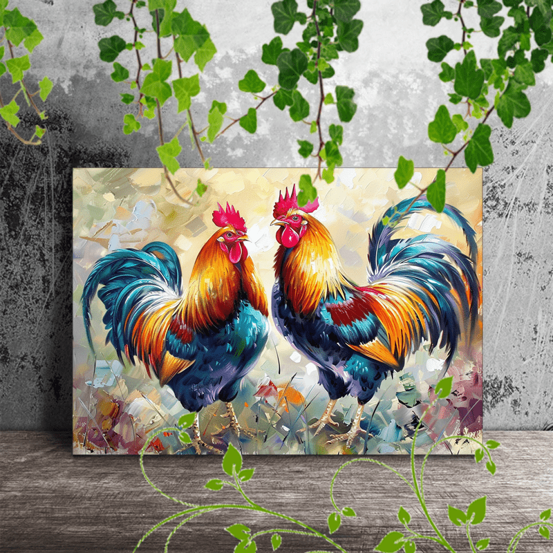 

1pc Wooden Framed Canvas Painting Artwork Very Suitable For Office Corridor Home Living Room Decoration 2 Roosters Painted In Watercolor Style. Oil Painting