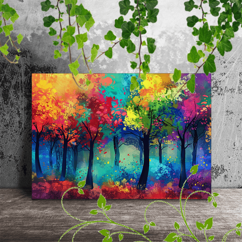 

1pc Wooden Framed Canvas Painting Artwork Very Suitable For Office Corridor Home Living Room Decoration Vibrant Forest, Colorful Trees, Abstract Style (1)