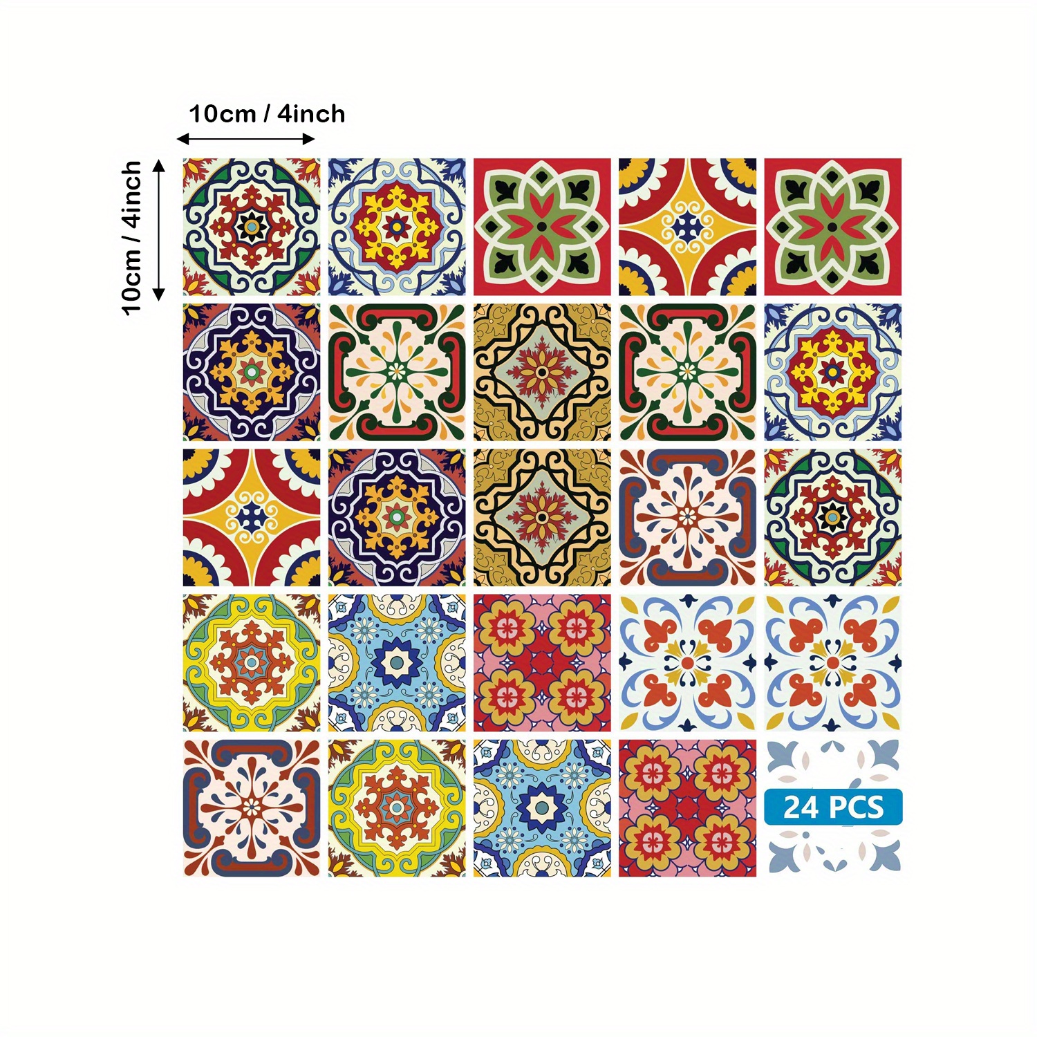 24pcs Boho Floral Tile Stickers, 4x4 Inch Self-adhesive Vinyl Decals For Kitchen Backsplash, Bathroom & Staircase Walls - & Remove