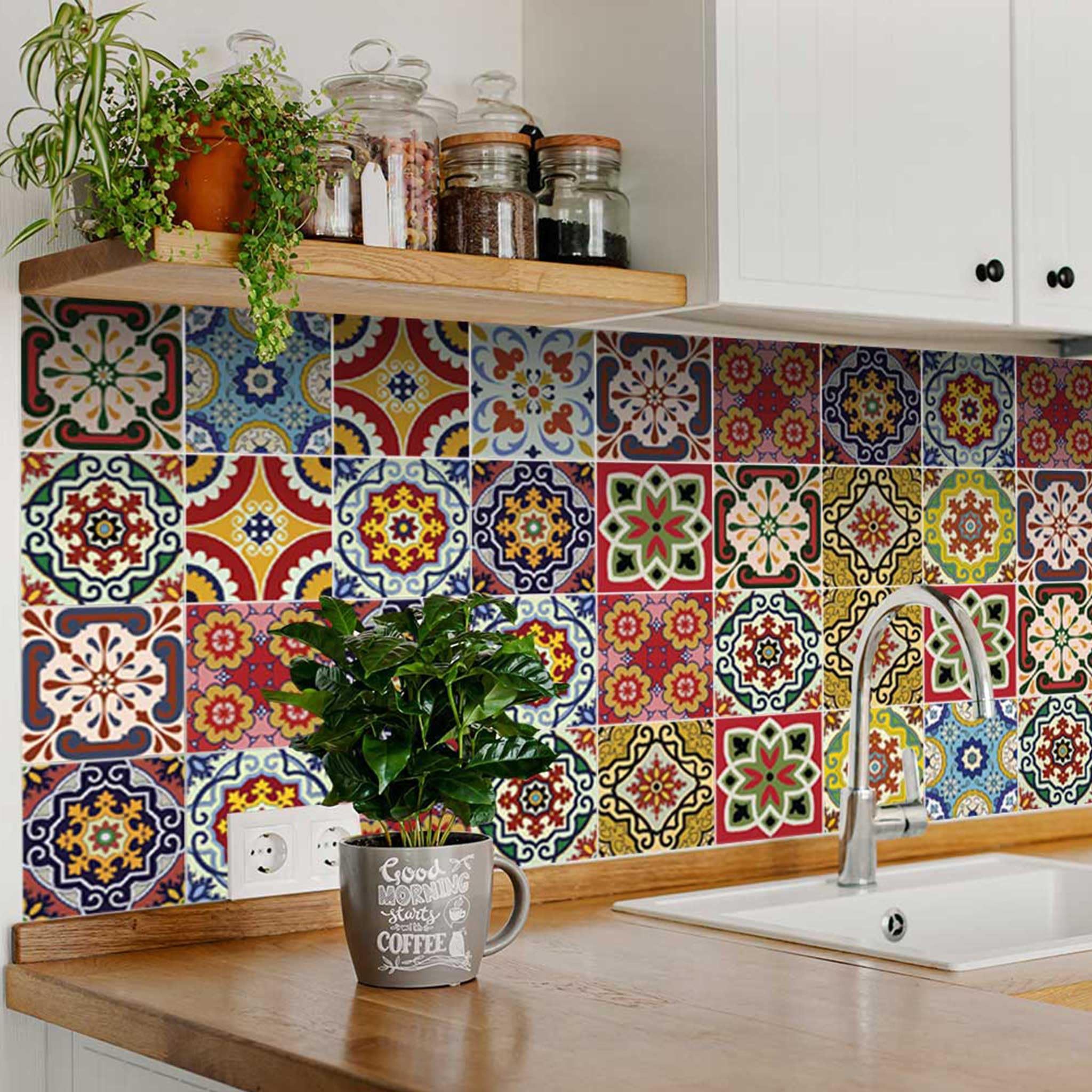 

24pcs Boho Floral Tile Stickers, 4x4 Inch Self-adhesive Vinyl Decals For Kitchen Backsplash, Bathroom & Staircase Walls - & Remove