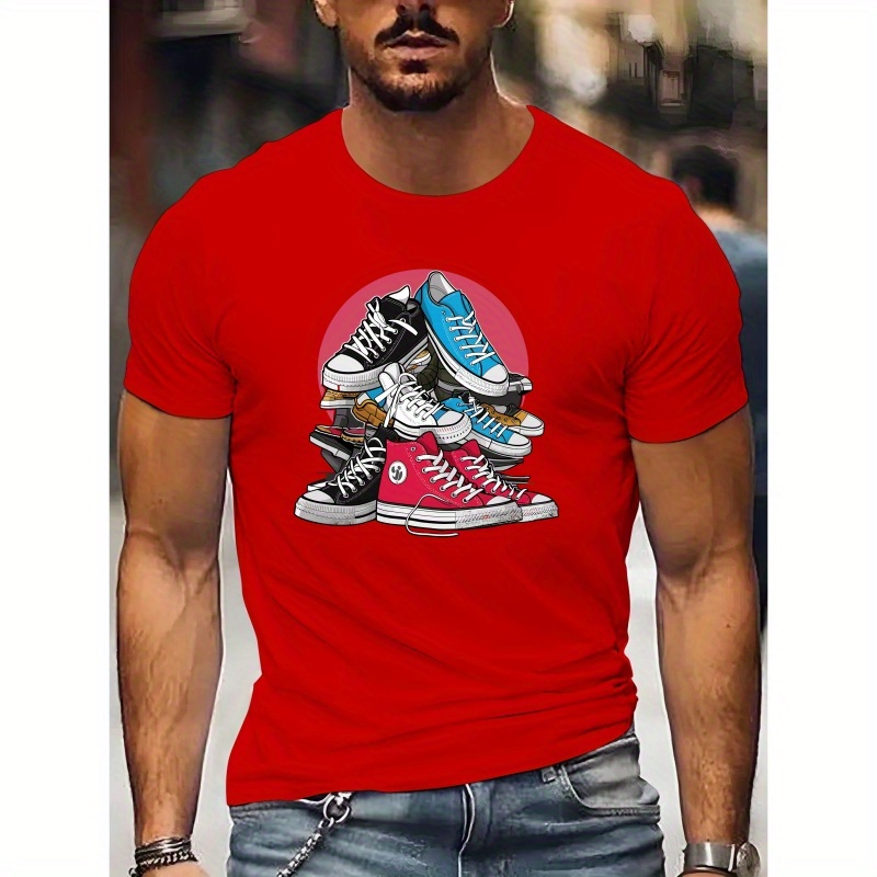 

Fashion Canvas Shoes Graphic Print, Men's Crew Neck Short Sleeve Summer T-shirt, Casual Comfy Top For Daily Wear