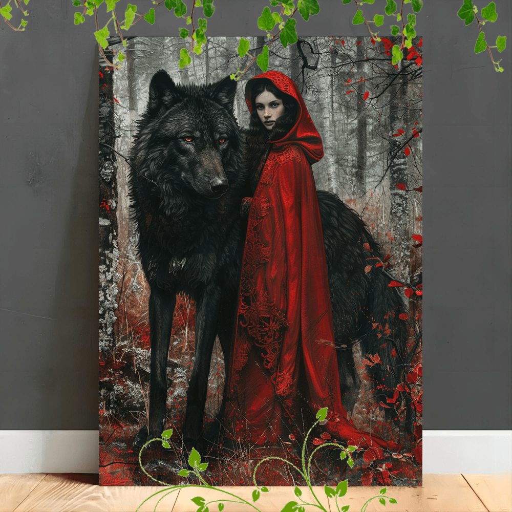 

1pc Wooden Framed Canvas Painting Artwork Very Suitable For Office Corridor Home Living Room Decoration Enigmatic Woman In Red Cloak With A Large Black Wolf. Forest Setting