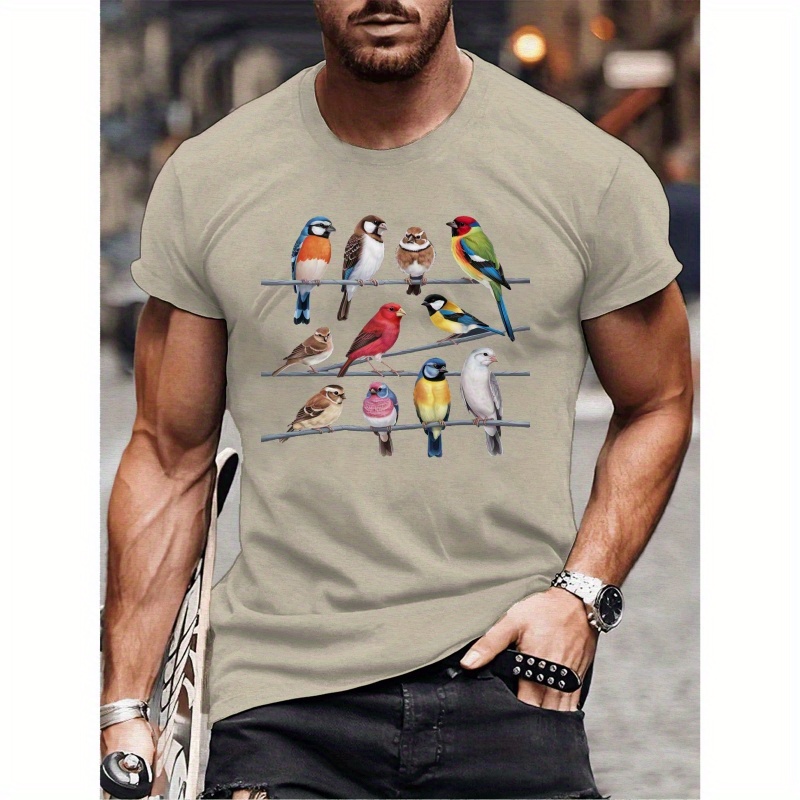 

Colorful Birds Illustration Print Tee Shirt, Men's Comfy Round Neck Short Sleeve T-shirt, Summer Top For Outdoor Wear