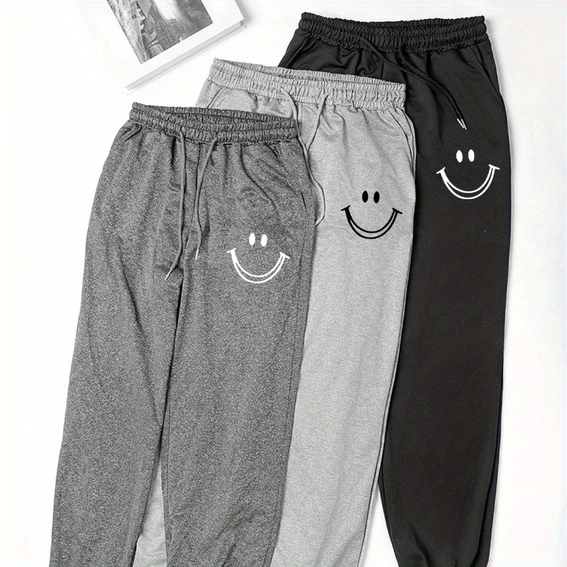 

Women's Sports Sweatpants, Smile Face Print, Drawstring Waist, Comfortable And Loose, Casual Sports Style, Jogging Pants