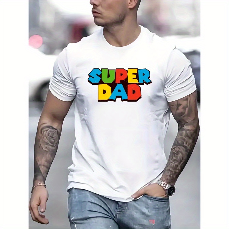 

Super Dad Colorful Fonts Print, Men's Casual Round Neck Short Sleeve T-shirt, Versatile Outdoor Comfy Top For Summer