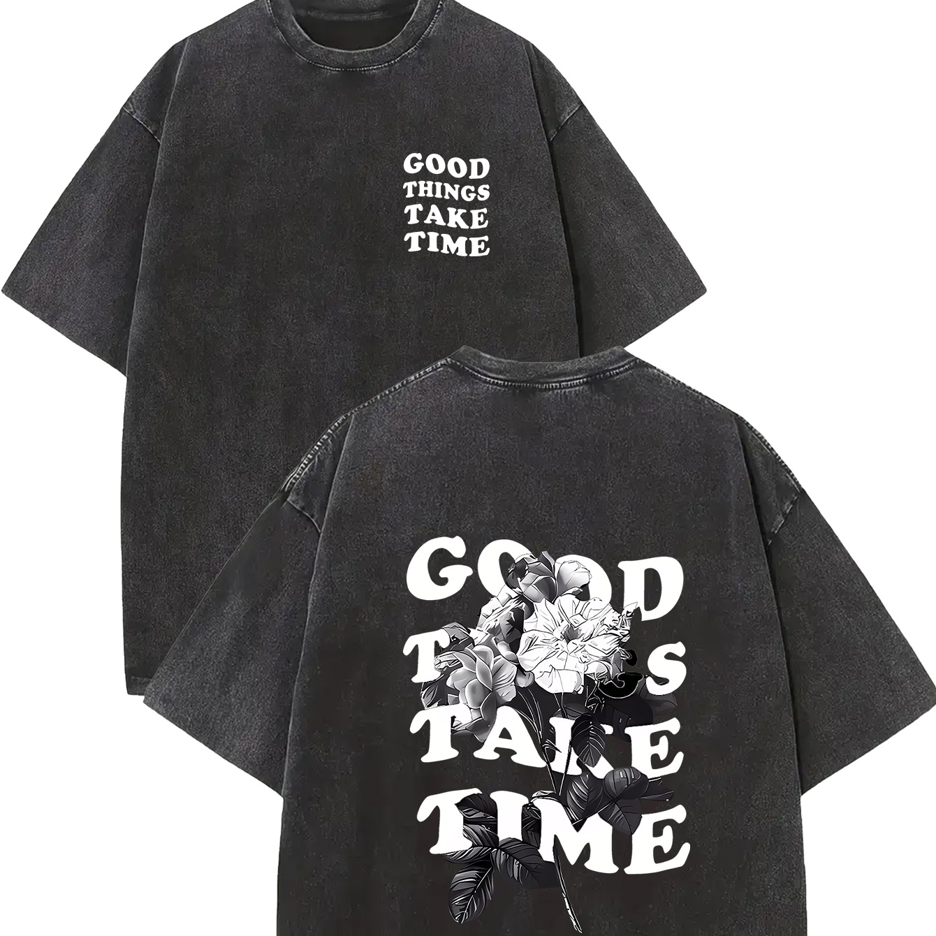 

Good Things Take Time Print Washed Vintage Dyed Pure Cotton Men's T-shirt, Casual Loose Fit, Round Neck, Summer, Graphic Detail, Machine Washable