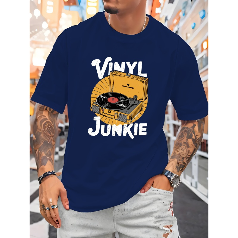 

Vinyl Junkie Creative Graphic Print, Men's Crew Neck Short Sleeve T-shirt, Casual Comfy Top For Daily Wear