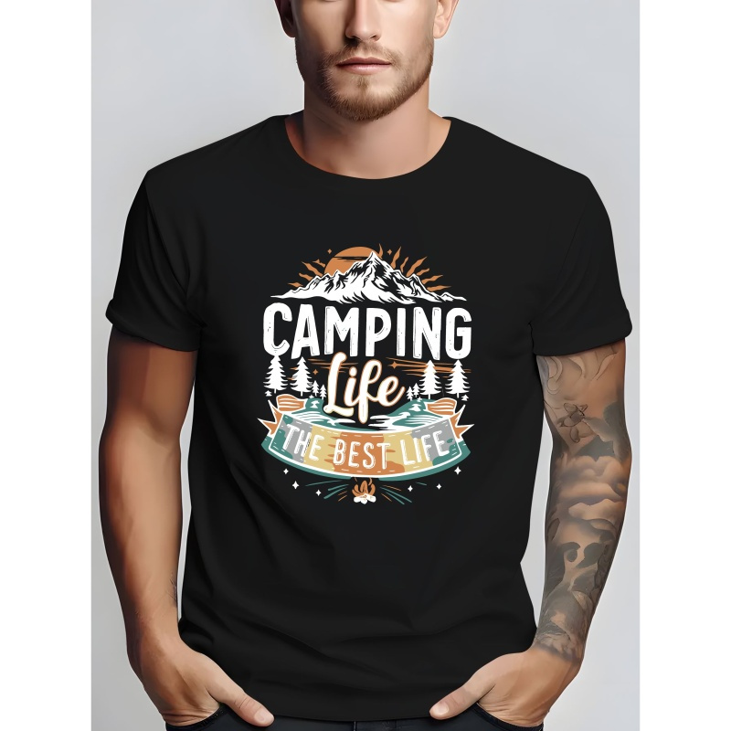 

Camping Print Men's Short Sleeve T-shirt, Trendy Versatile Breathable Tee For Everyday Wear