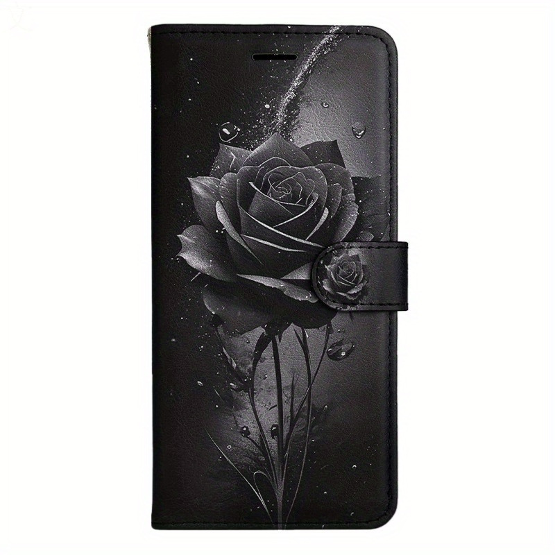 TEMU Phone Case: Black Rose Pu Magnetic Flip Wallet Case With Card Holder Stand For Iphone 5/6/6s/7/8/x/xs/xr/se2 2020/se3 2022/11/12/13/14 Plus Pro