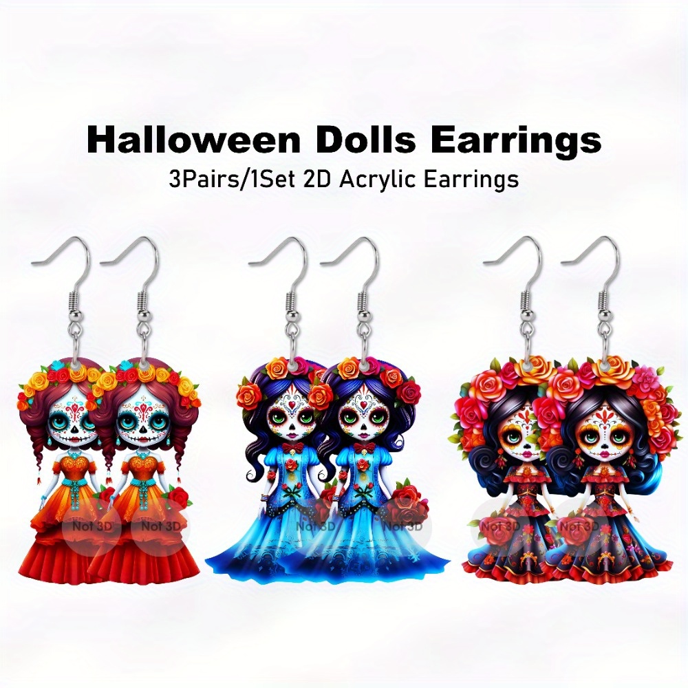 

3-pair Halloween Doll Earrings Set - Unique 3d Effect Acrylic, Perfect For Parties & Gifts Halloween Earrings Halloween Jewelry