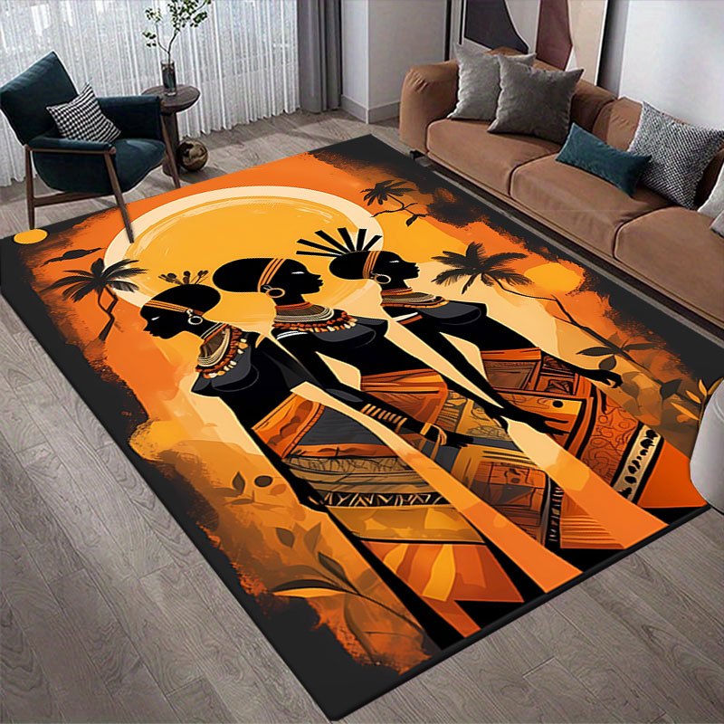 

African Sunset Silhouette Area Rug - Large Polyester Indoor/outdoor Mat For Living Room, Bedroom, Porch - 1pc, Durable 800g/m2 Crystal Velvet, Hand Wash Only