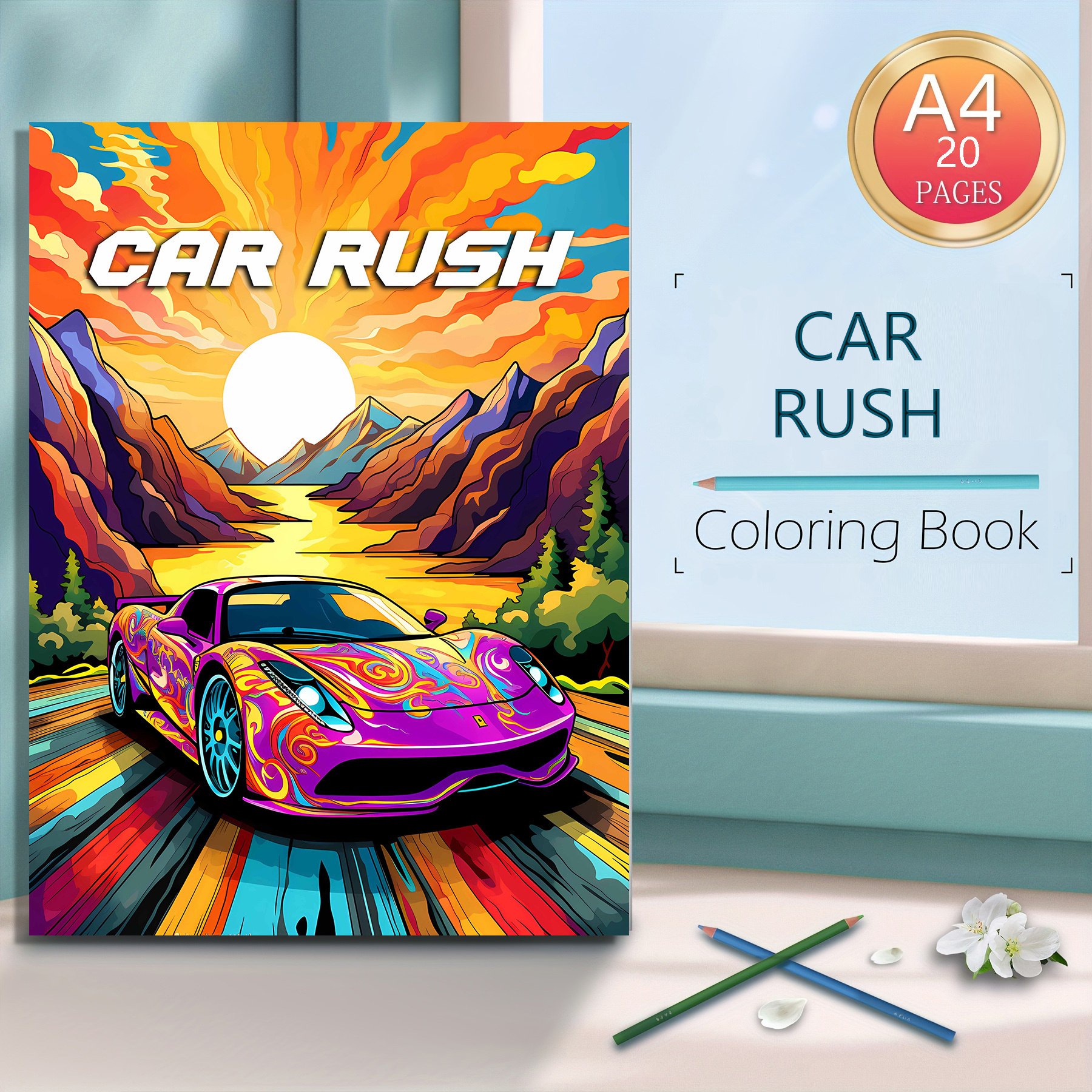 

Car Rush Coloring Book: 40 Figures, 20 Pages, A4 Thick Paper - Adult Coloring Book, Holiday Birthday Party Decor Gift For Women, Men, Friends And Family