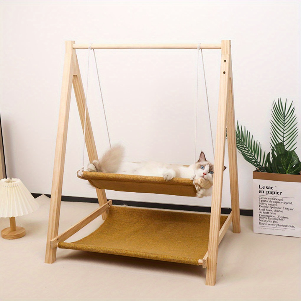 TEMU Cozy Dual-level Wooden Cat Swing Bed - Raised Pet With Fabric, Sturdy Cat Perch For Small To Large Cats, Easy To , Cat