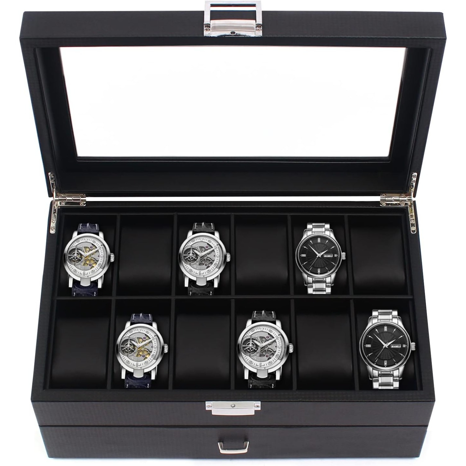 

Watch Box Organizer For Men, 24 Slot Luxurious & Masculine Carbon Fiber Textured Display Case - Real Glass Top, Metal Hinge, Large Watch Holder With Drawer, Black Carbon Fiber Watch Collection Case