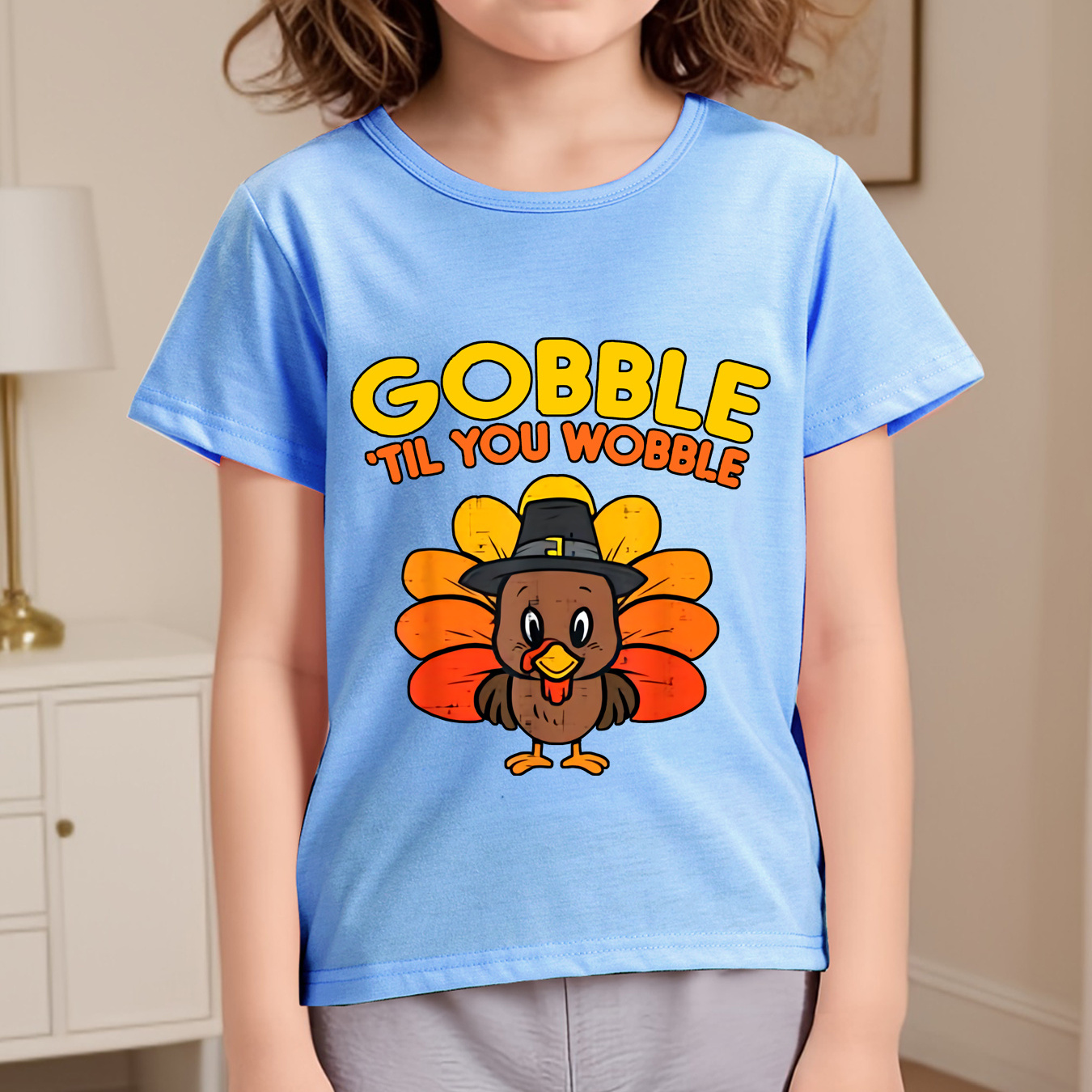 

Gobble'til You Wobble Hat Turkey Print Graphic Girls T-shirt Kids Tops Kids Clothes Spring Summer Fall Short Sleeve