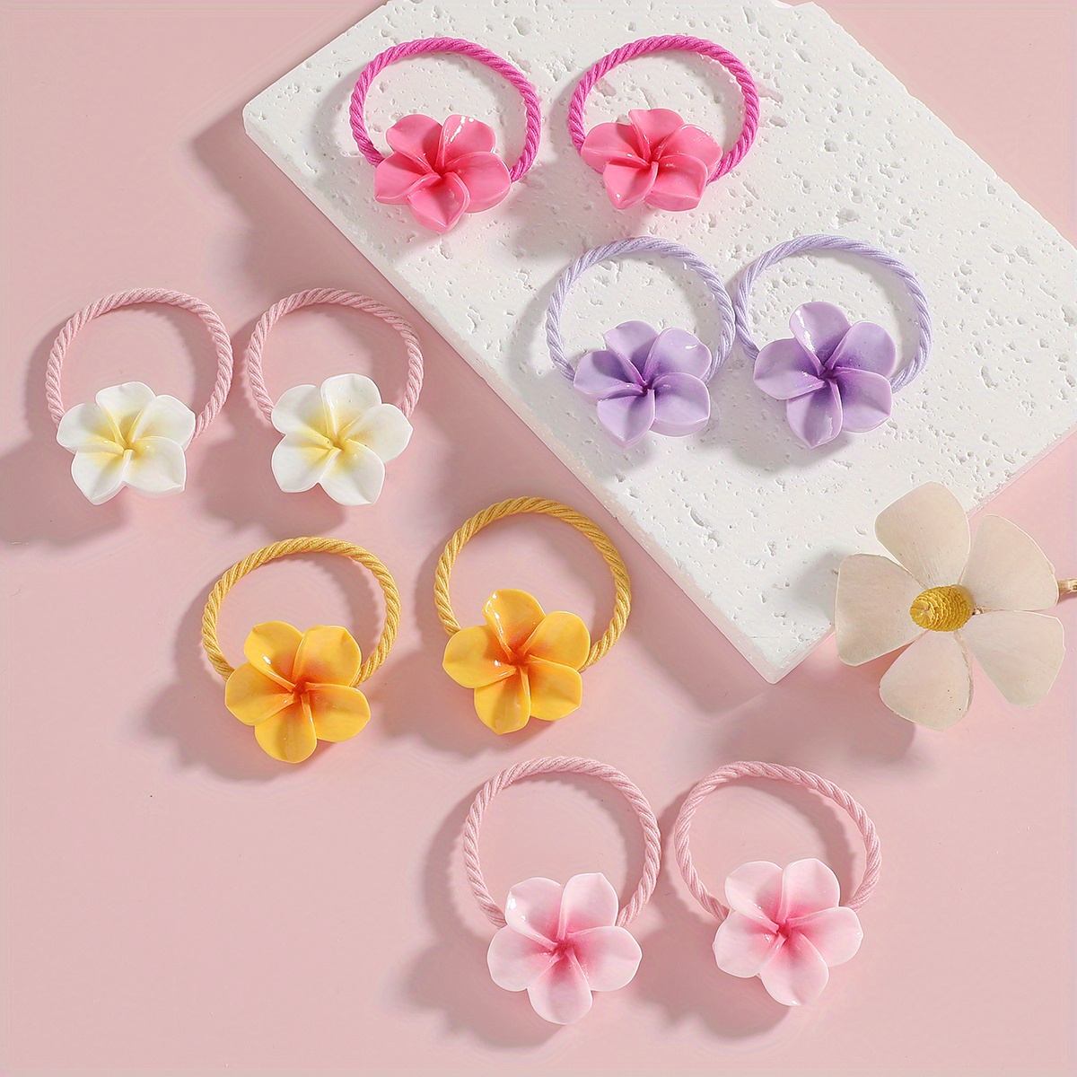 TEMU 10pcs Fashion Flower Hair Ties For Women - Sports Style Resin Floral Hair Bands - Versatile Headwear For Parties And Festivals - Suitable For Ages 15+