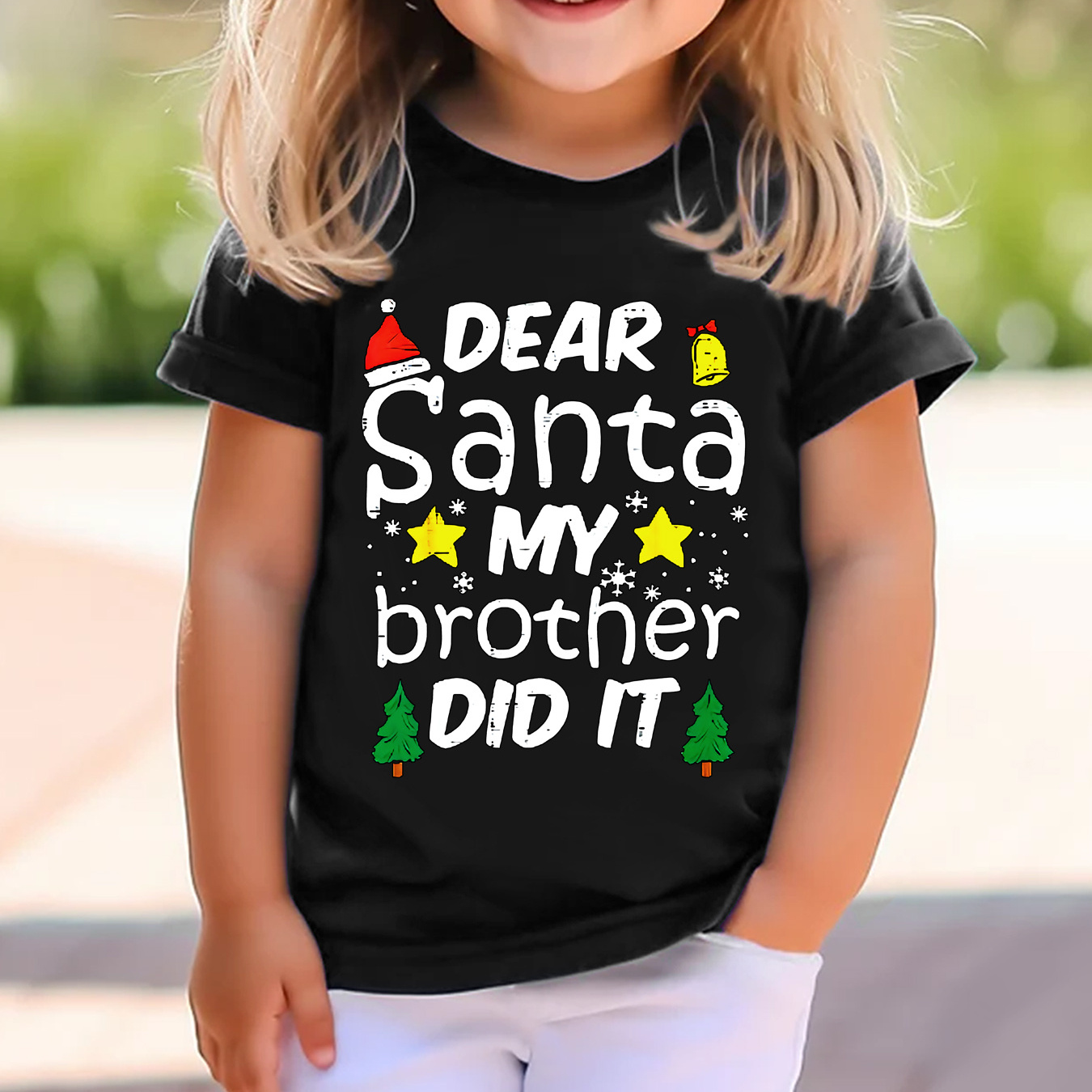 

Dear Santa My Brother Did It Letter Christmas Hat Print Graphic Girls T-shirt Kids Tops Kids Clothes Spring Summer Fall Short Sleeve