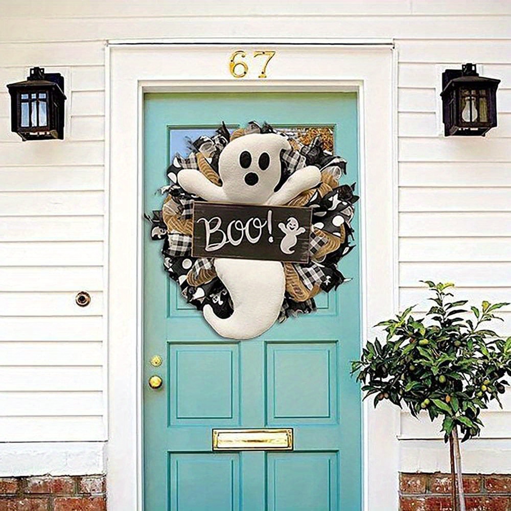 

Spooky Ghost - Outdoor Halloween Party Decor - Front Door Wreath, 15.7