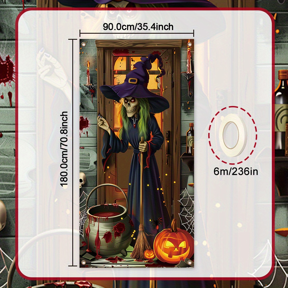 Image of 1pc, Halloween Door Decoration Banner, Polyester, Scary Halloween Decoration Evil Witch Photography Background Halloween Party Supplies For Front Door Outdoor Indoor Decoration