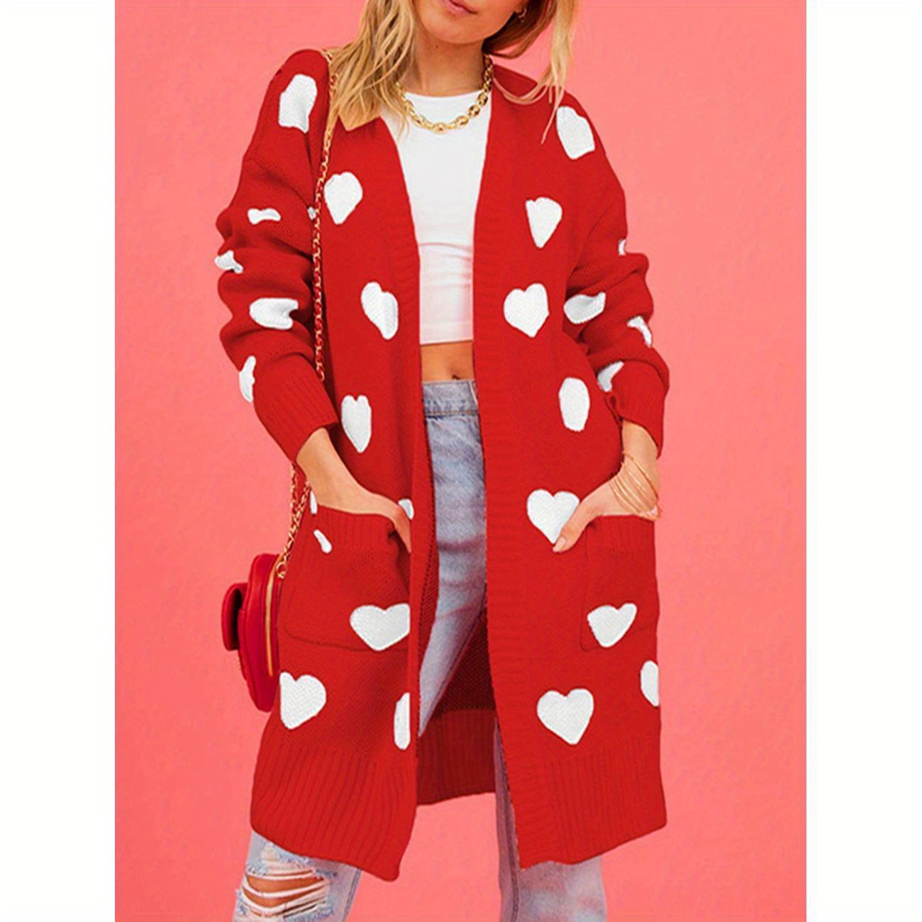 

Women Open Front Duster Sweaters Casual Heart Print Knitted Cardigans With Pockets Warm Fall Knitwear For Streetwear