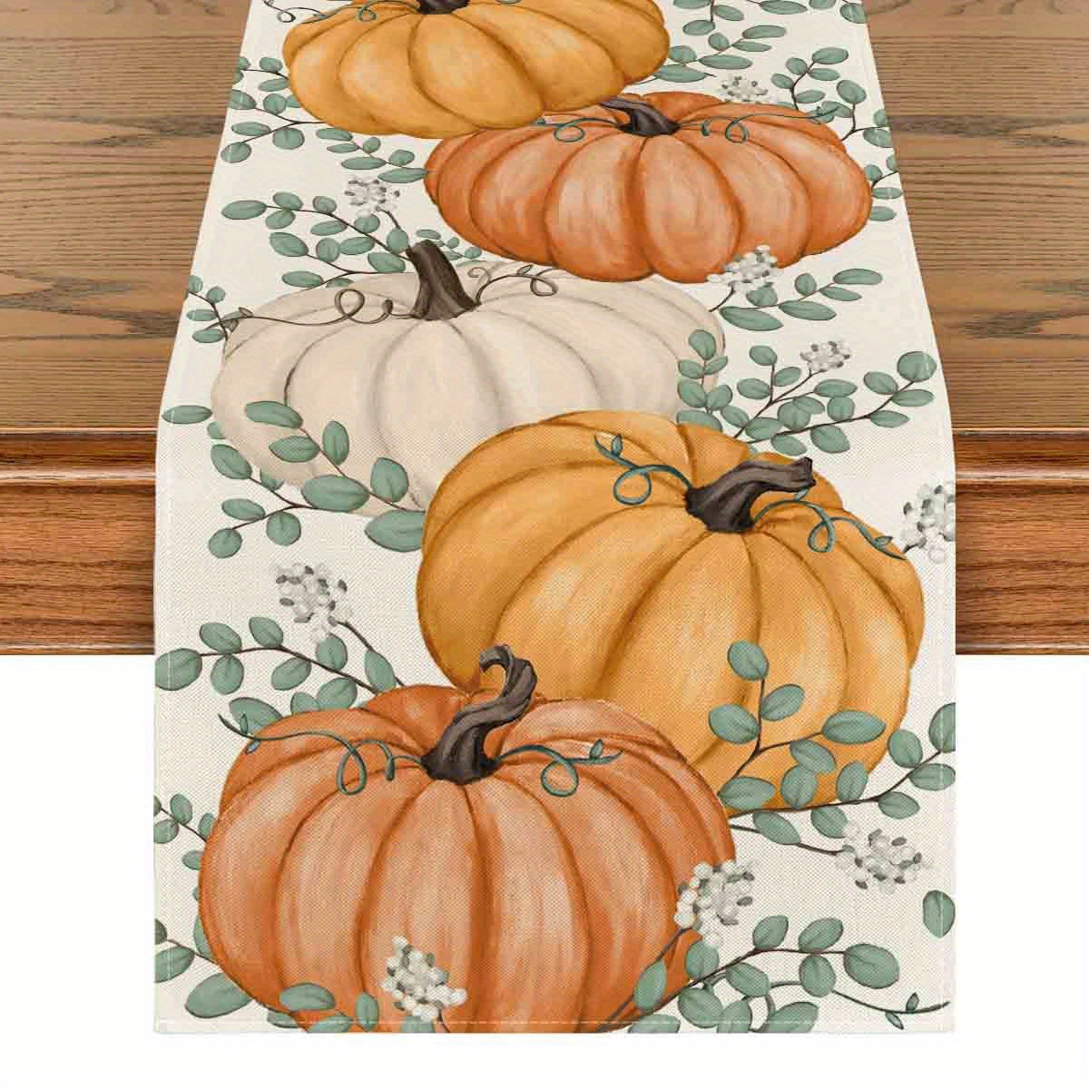 

Sm:)e Orange Pumpkins Eucalyptus Leaves Fall 1pc Table Runner 13x72 Inch And 4pc Place Mats 12x18 Inch, Autumn Thanksgiving Kitchen Dining Table Funky Home Decoration For Home Party Funky Home Decor