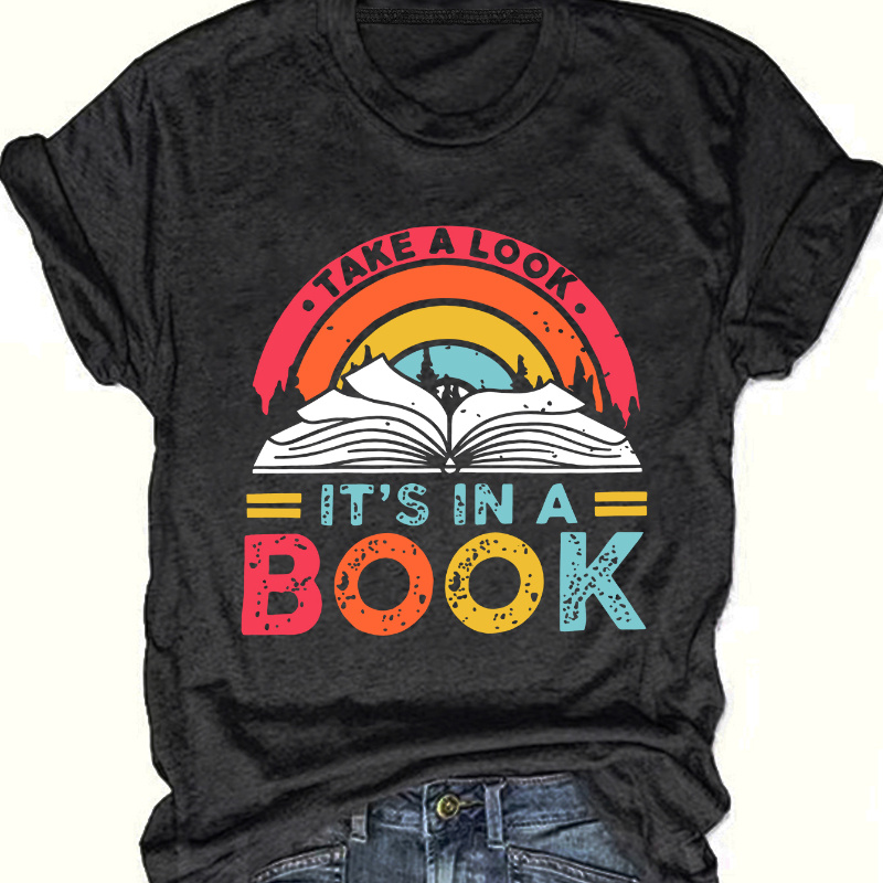 

Book Theme Print Crew Neck T-shirt, Casual Short Sleeve Sports Tops For Summer, Women's Clothing