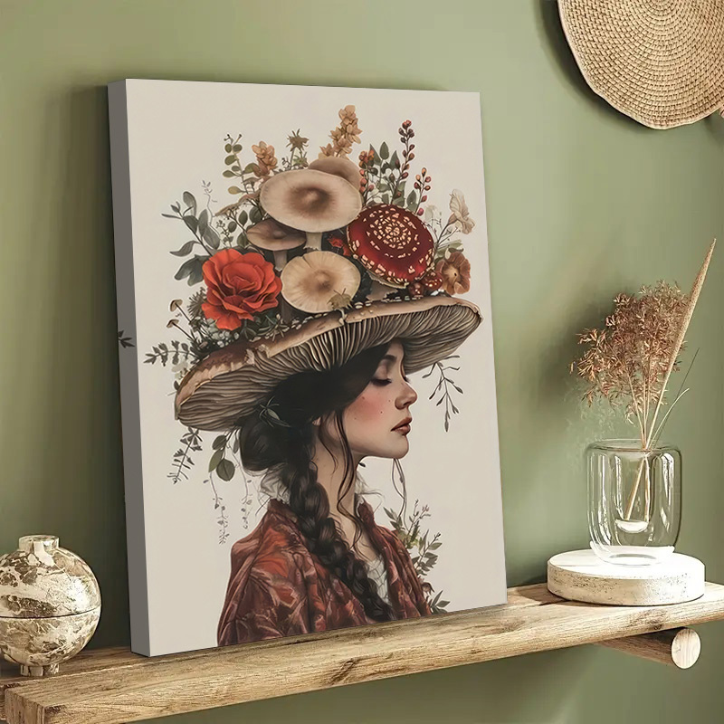 

1pc Mushroom Woman Canvas Poster With Wooden Framed, Charming Vintage Botanical Art Print Wall Decoration, Ideal Gift For Her, Hanging Living Room, Bedroom, Sofa Wall Art, Autumn Decoration