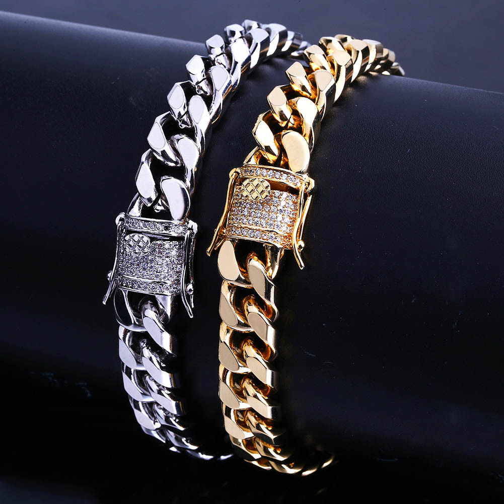 

1pc Iced Out Cz Hip Hop Copper Material Golden Plated Cuban Link Bracelet For Women Men Luxury Bracelets On Hand Jewelry Gifts