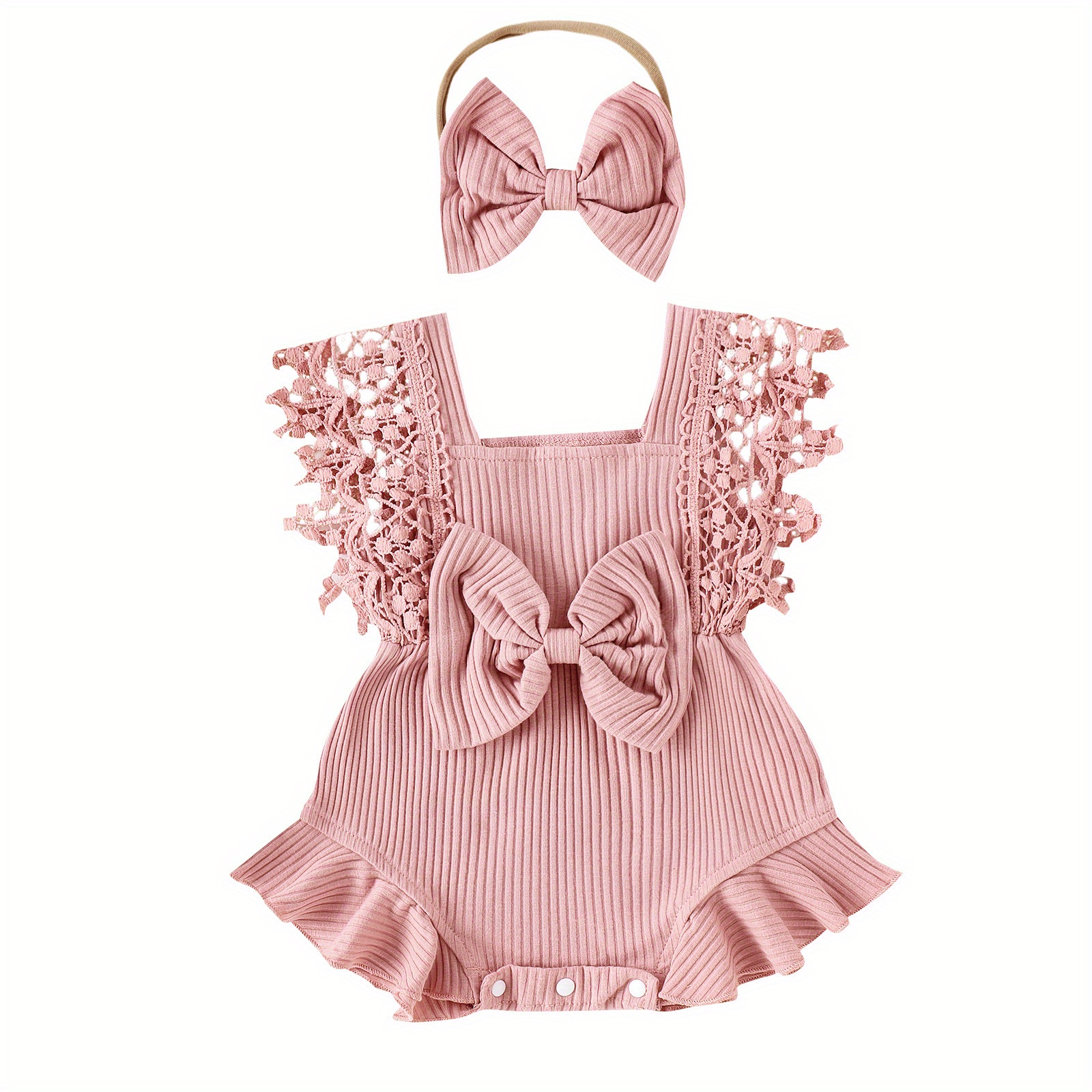 

0-18m Infant Baby Girls Summer Romper Infant Lace Sleeve Round Neck Ruffle Romper With Headband