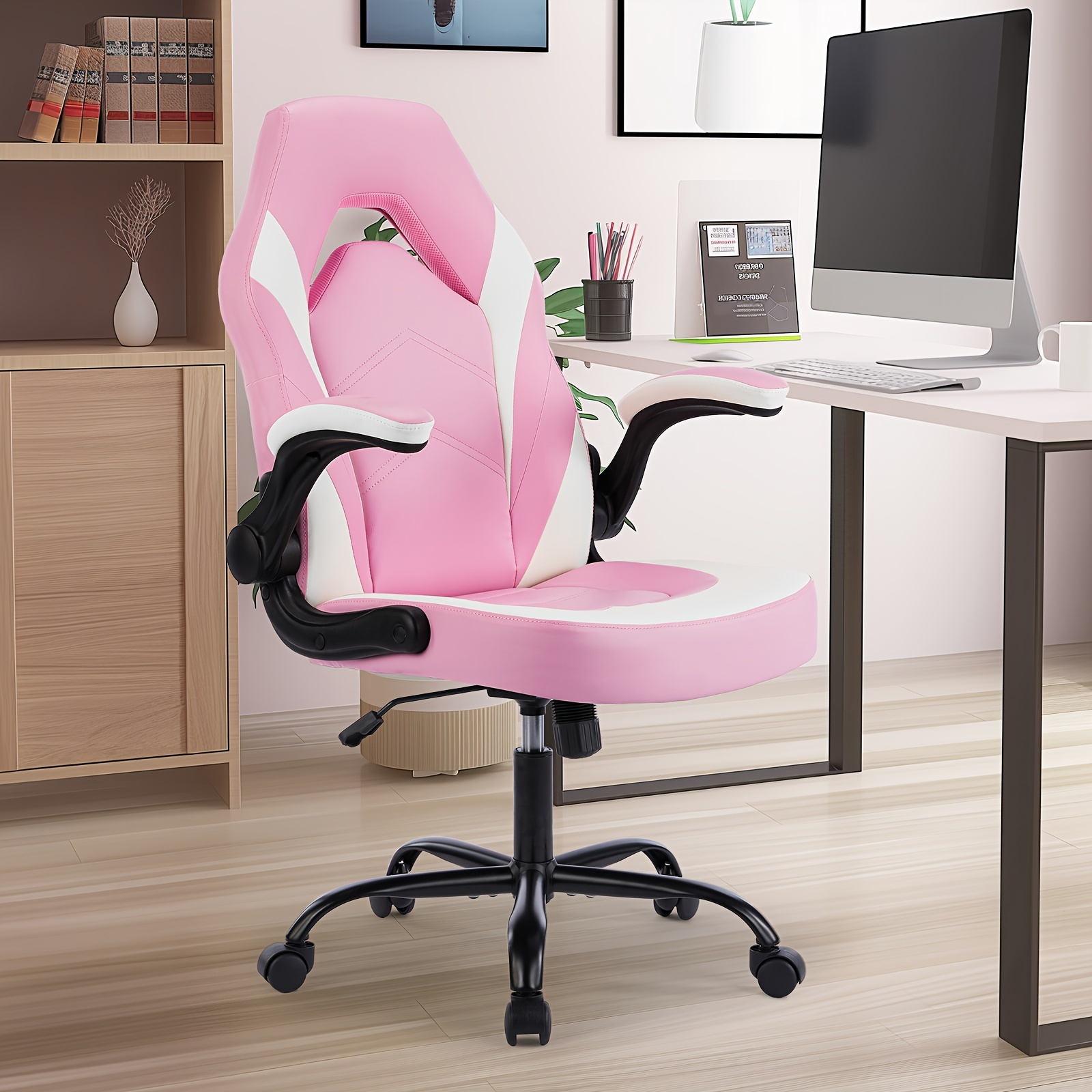 

Big And Tall Office Desk Leather Gaming Computer Chair With Adjustable Swivel Task And Flip-up Arms For Adults, Teens - Pink