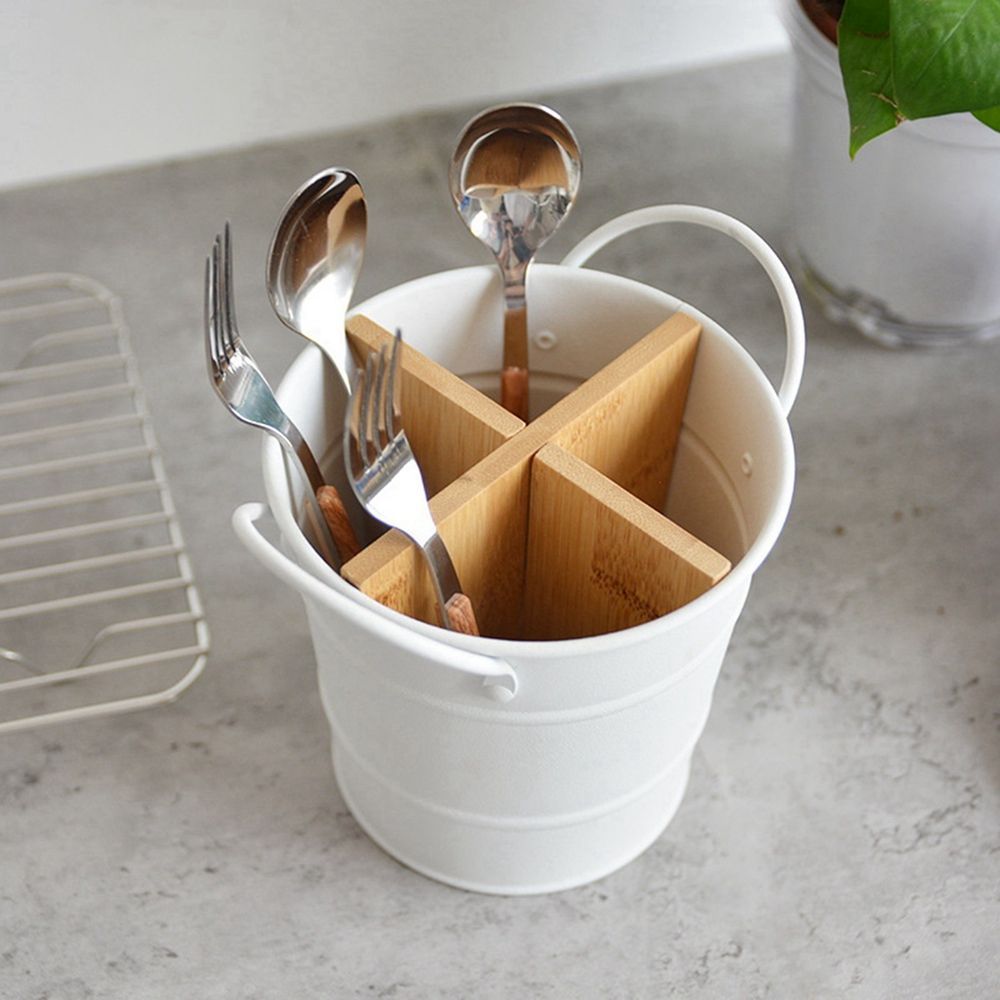 

Stainless Steel Kitchen Utensil Holder With Bamboo Dividers - Organize Spoons, Forks, Knives & Chopsticks In Style