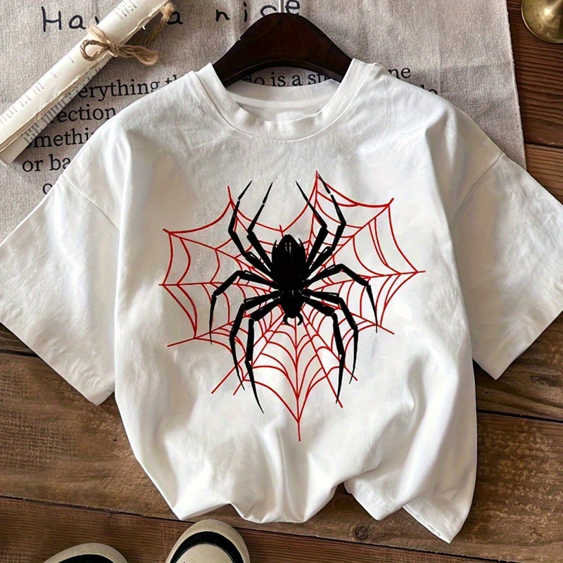 

Spider Print T-shirt, Short Sleeve Crew Neck Casual Top For Summer & Spring, Women's Clothing