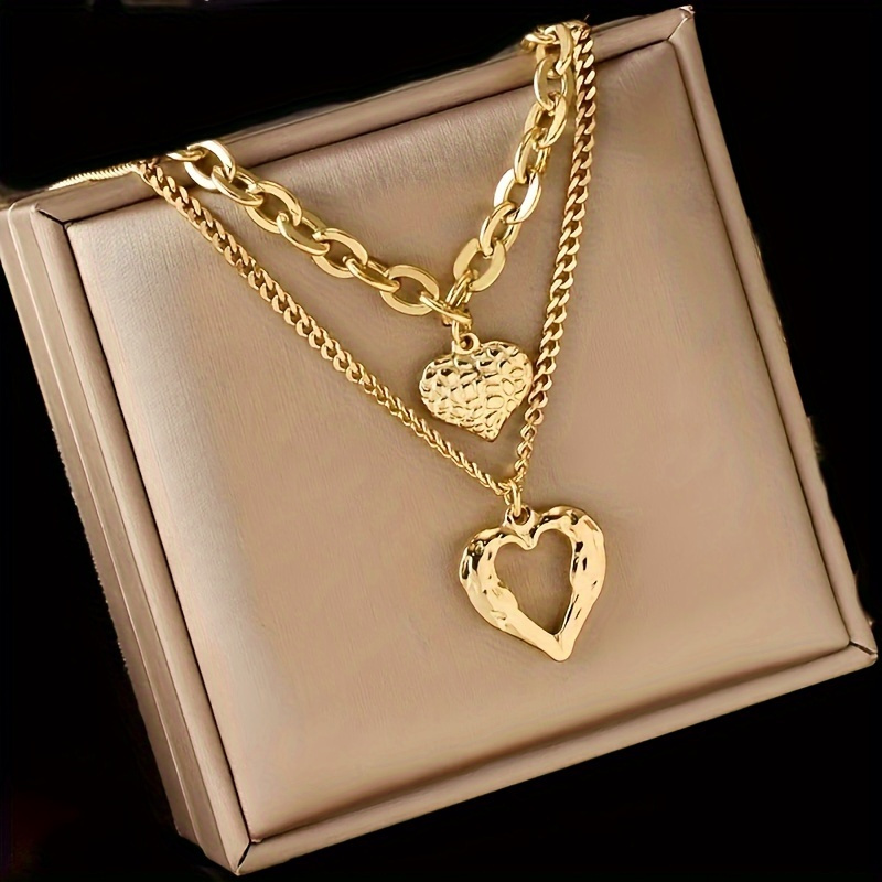 TEMU Elegant Double-layered Golden Necklace With Heart Pendant For Parties And Birthdays - Perfect Gift For Ones, Pendant Necklace