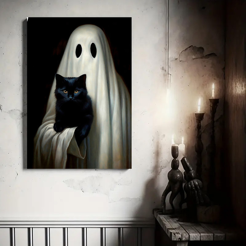 

1pc Framed Gothic Horror Canvas Poster Ghost Holding Black Cat Spooky Halloween Decorations Halloween Ghost Prints Gift For Dark Romantic Art For Bedroom Or Living Room