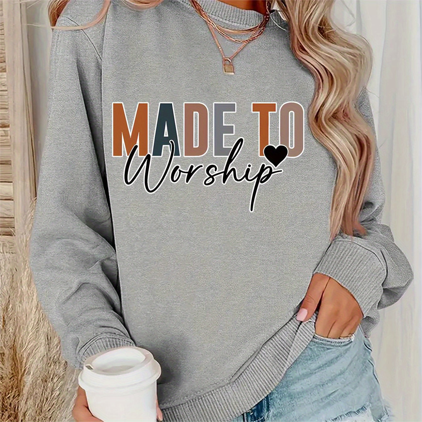 

Made To Worship & Heart Print Sweatshirt, Crew Neck Casual Sweatshirt For Fall & Spring, Women's Clothing