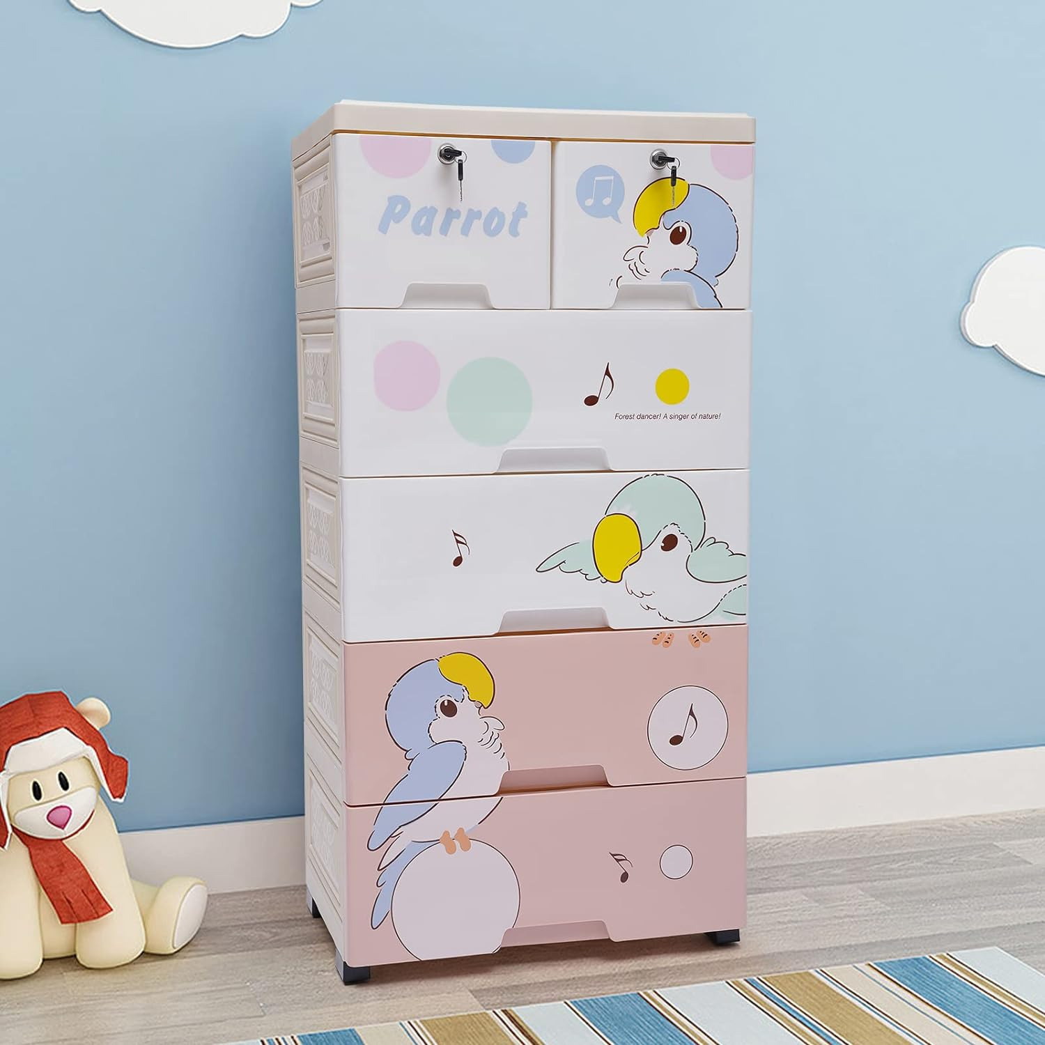 

Plastic Drawers Dresser With Parrot Pattern, Storage Cabinet With 6 Drawers, Closet Drawers Tall Dresser Organizer For Clothes, Playroom, Bedroom Furniture